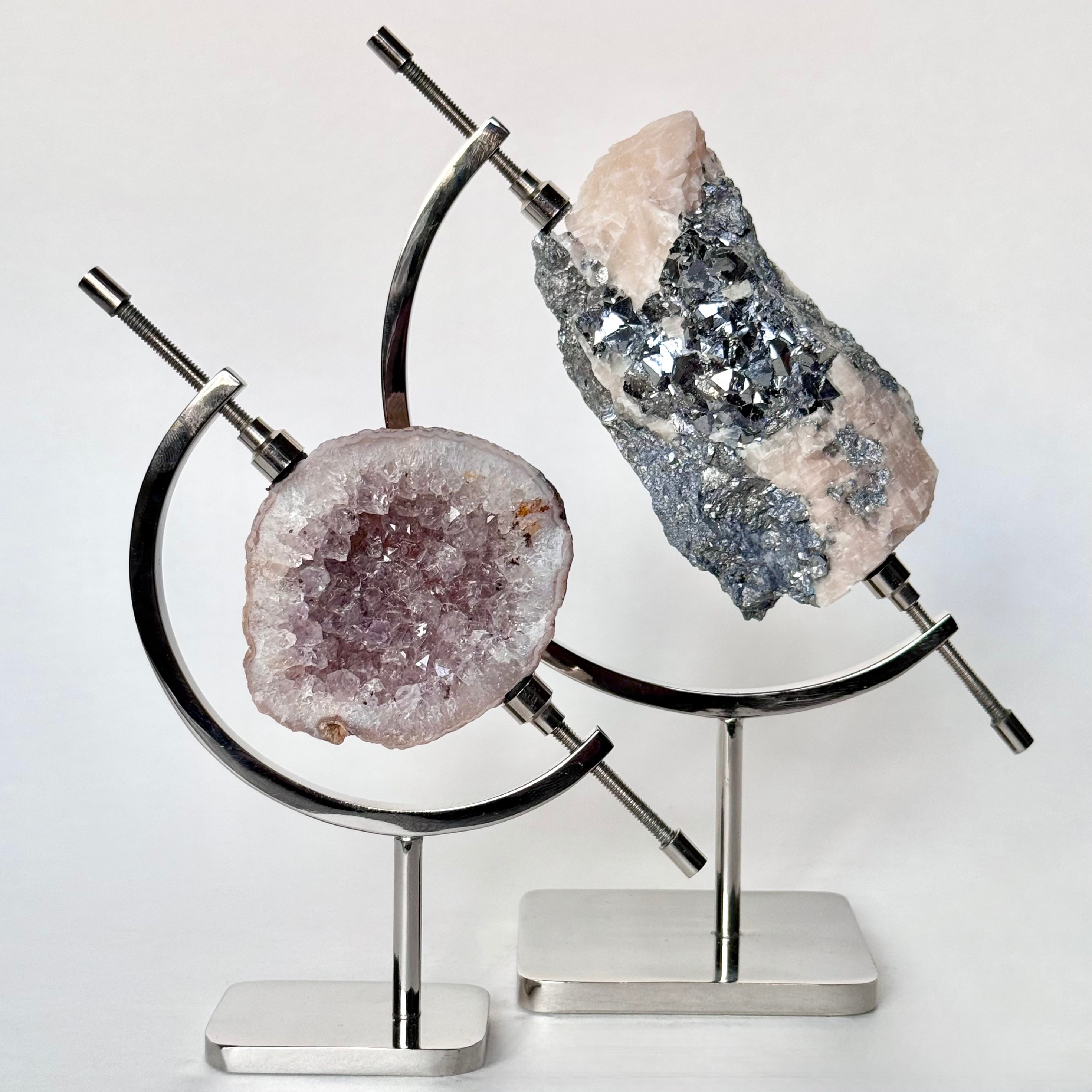 Skutterudite | Blush Calcite + Chrome Arc Stand